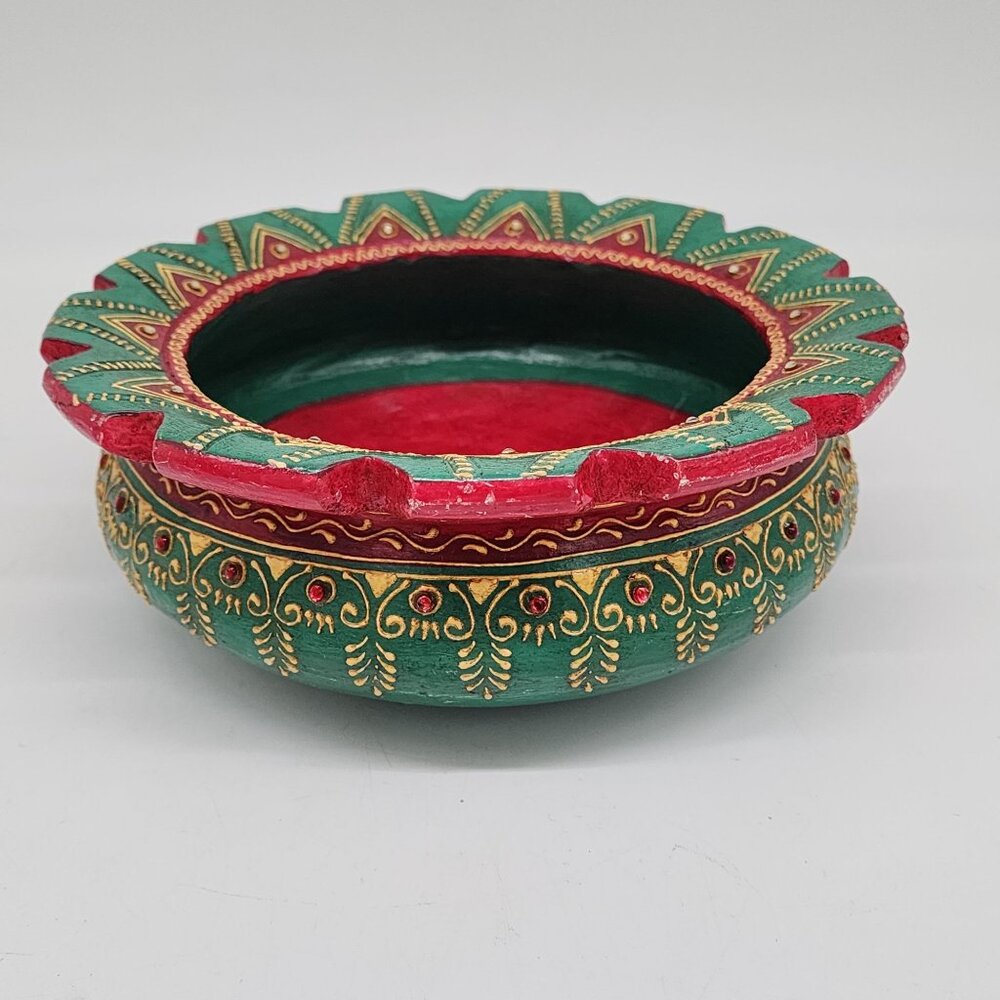 Indian Terracotta Uruli Bowl Emerald Green Colorful Jeweled Bohemian Decor 9" Bo - Picture 5 of 12